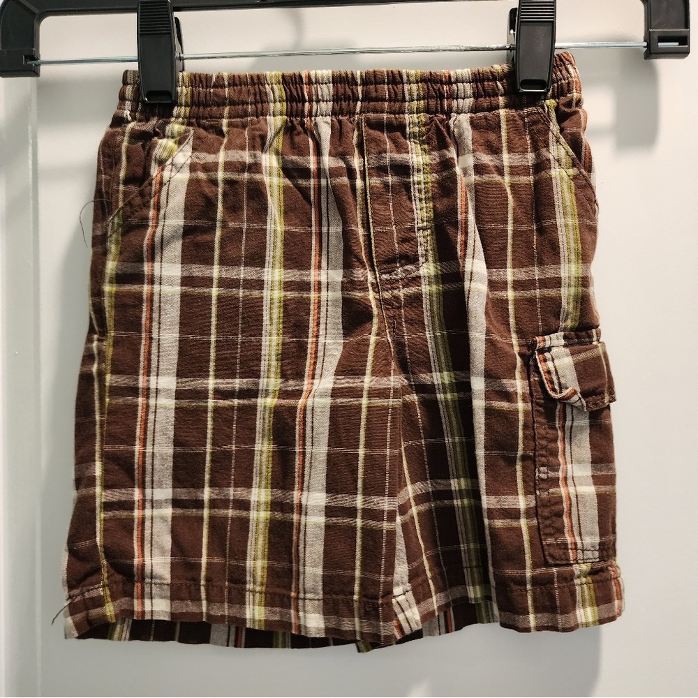 Boys sz 18M Brown Plaid Cargo Shorts Elastic‎ Waist Orange Green Checkered